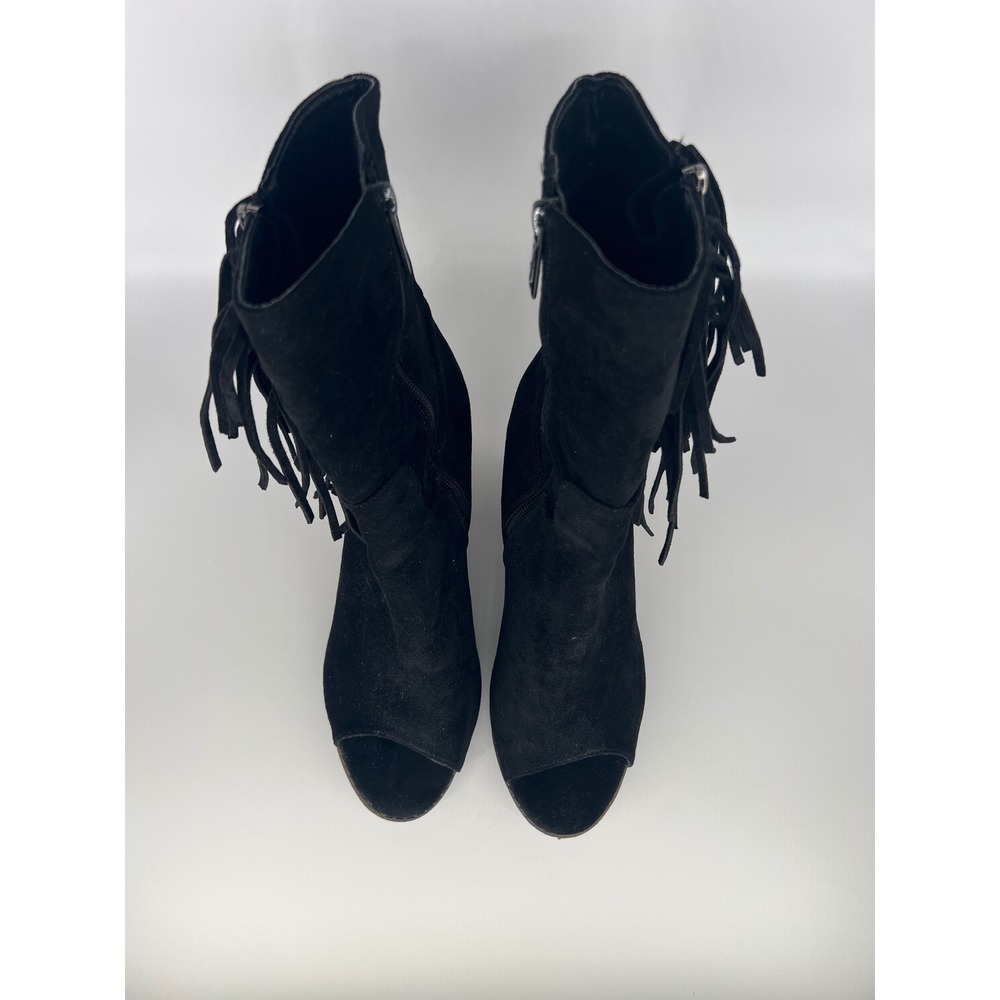 Nature Breeze Womens Black Faux Suede Fringe Peep Toe Block Heel Ankle Boots 10